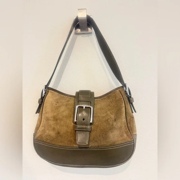 Coach Suede Shoulder Bag with Olive Leather Trim Silver Hardware - Picture 1 of 9